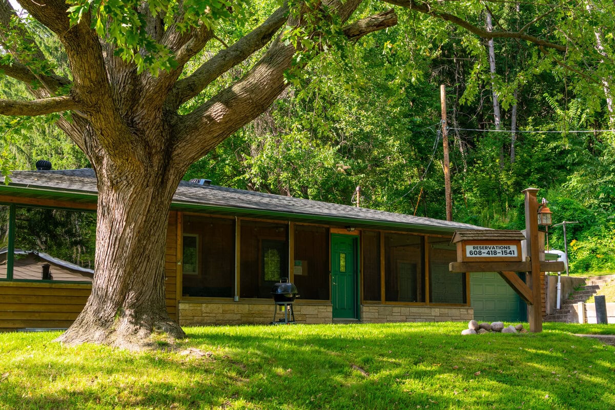 Woodlands Retreat - Alma - exterior-4 Lush green backyard with a large tree and wooden cabin in Buffalo County Wisconsin.